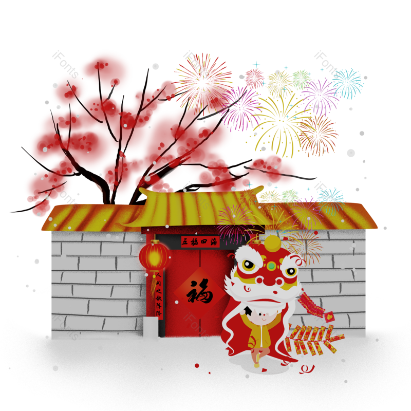 鞭炮图片,中国元素,泼墨PNG,舞狮免抠素材